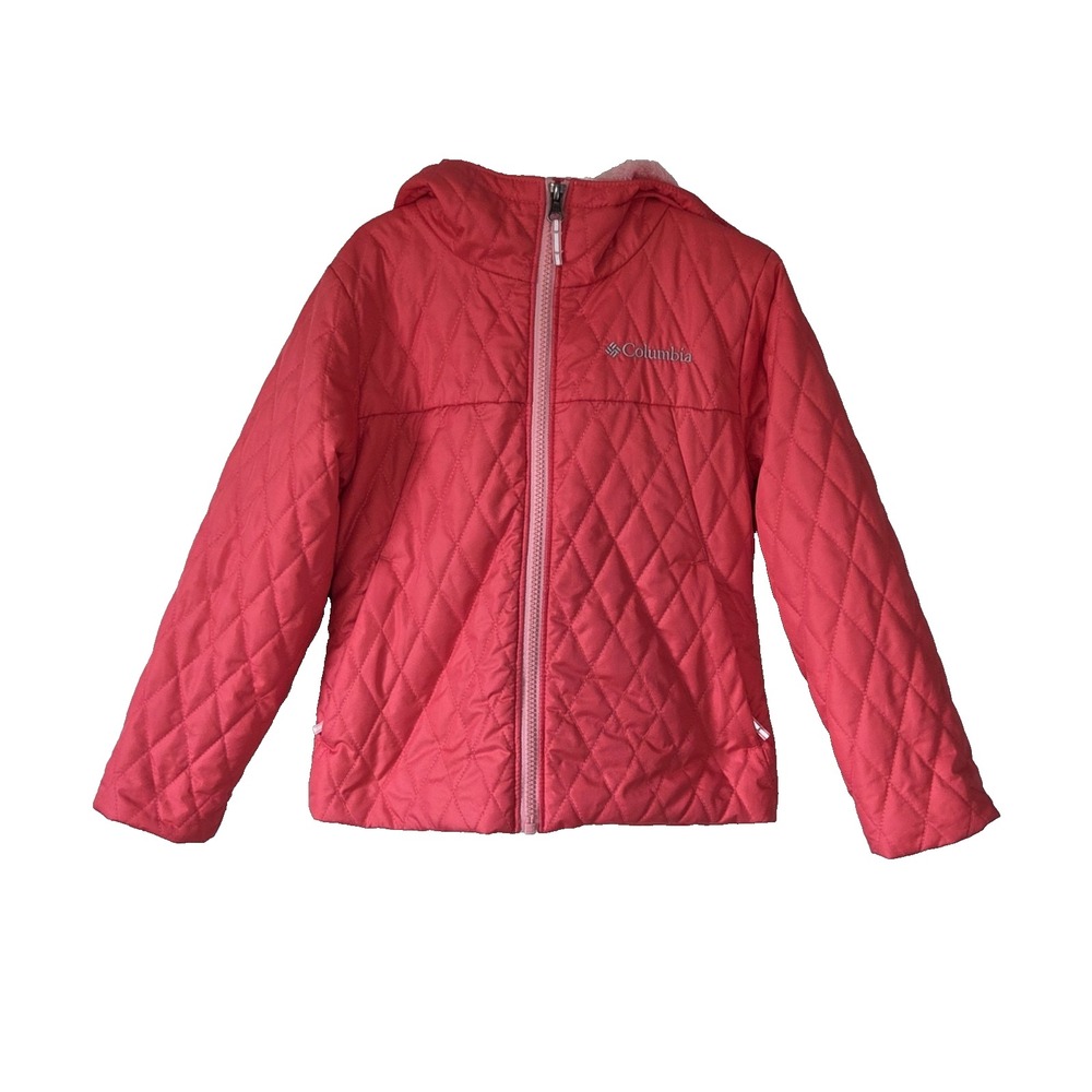 Columbia Girls Bella Plush Jacket Coral Pink Quilted Fleece Lined Hooded Sz XS